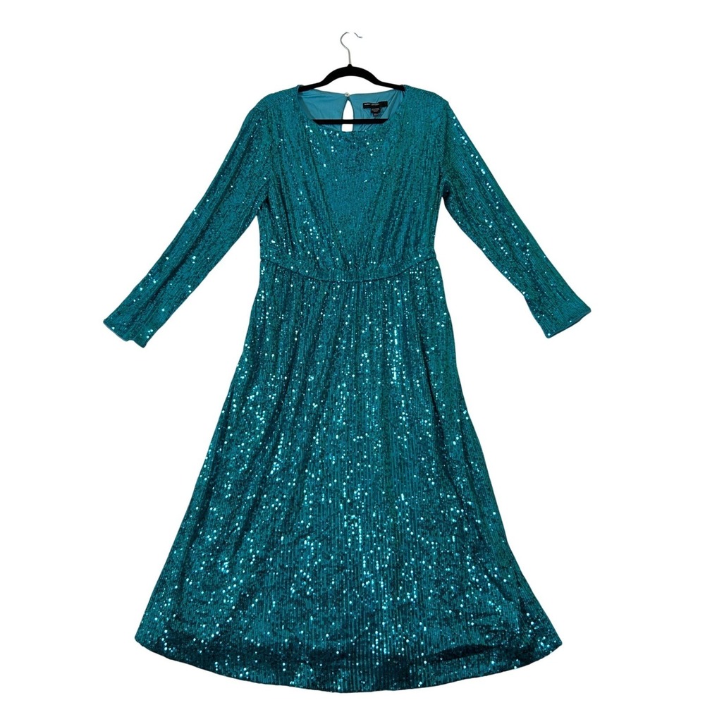 Maggy London Teal Sequin Long Sleeve Dress Keyhole Back Evening Gown